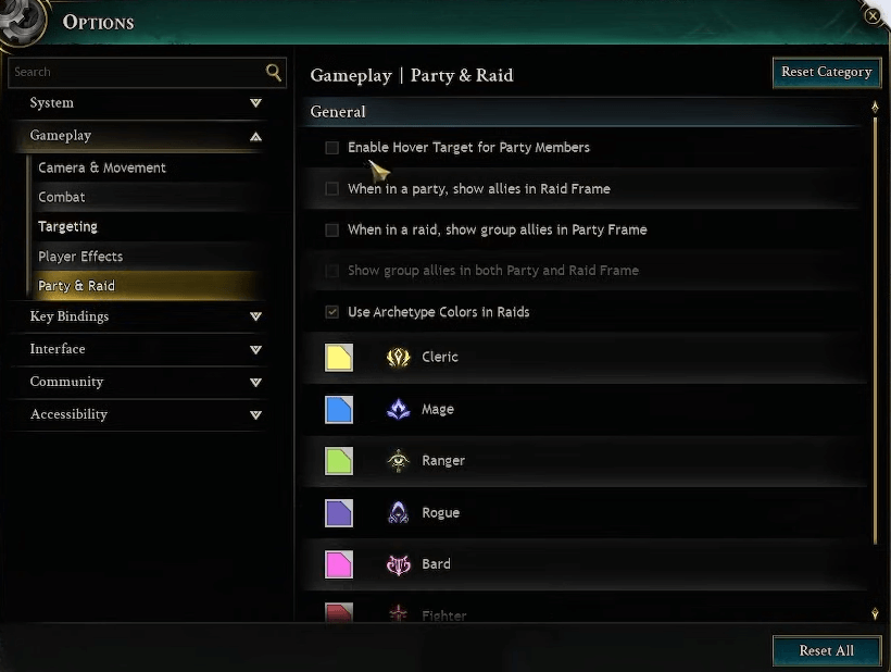 ashes of creation party and raid setting